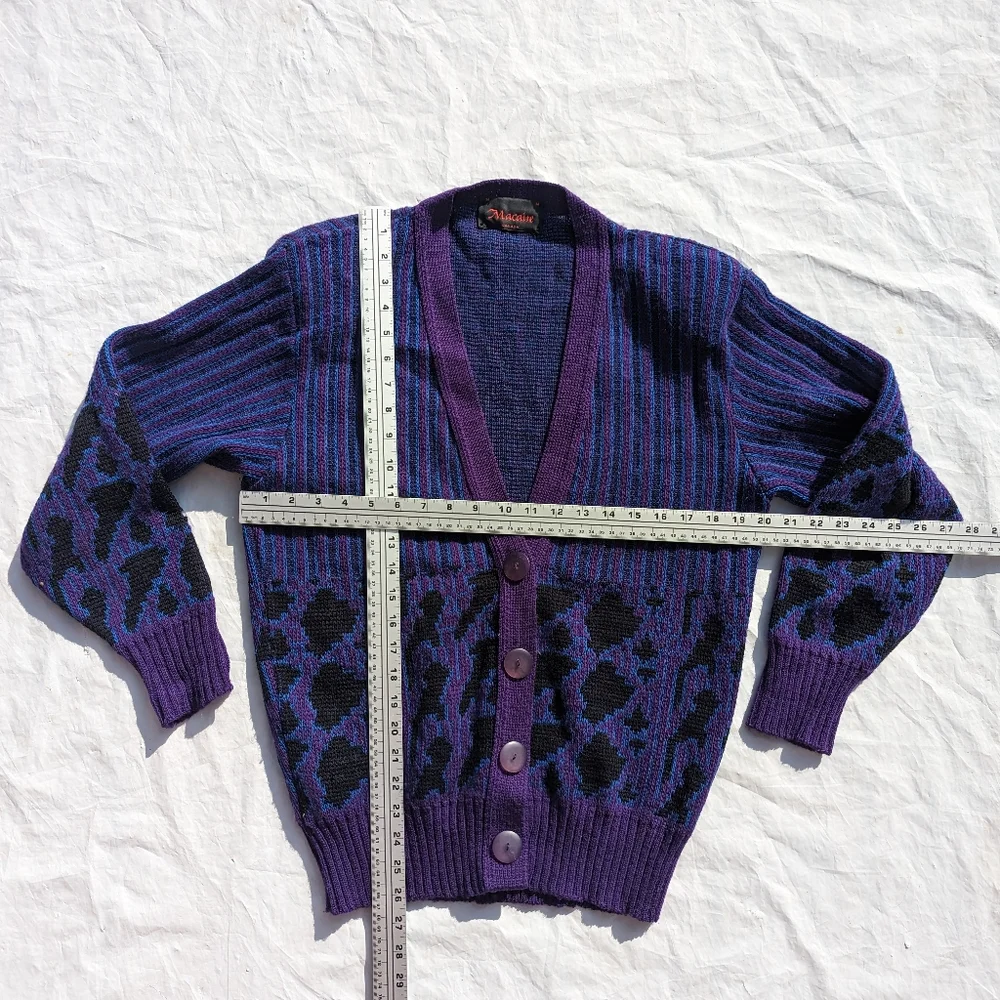 COPY - Vintage Macaire Purple, Blue & Black Wool Knit Button Front Cardigan Med… - Picture 2 of 6